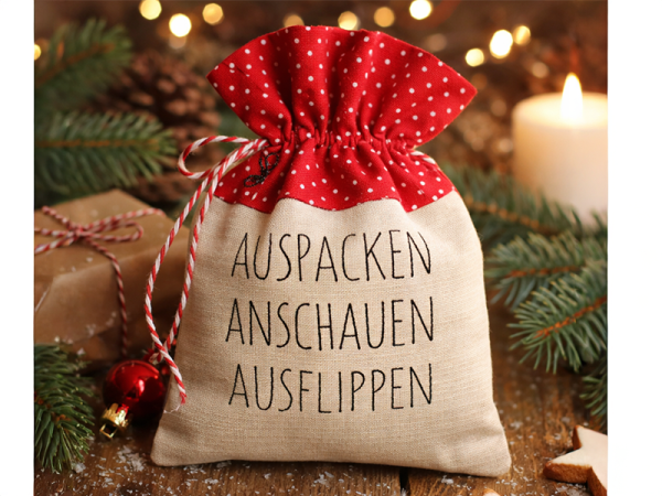 Auspacken, Anschauen, Ausflippen Spruch - redwork Stickdatei